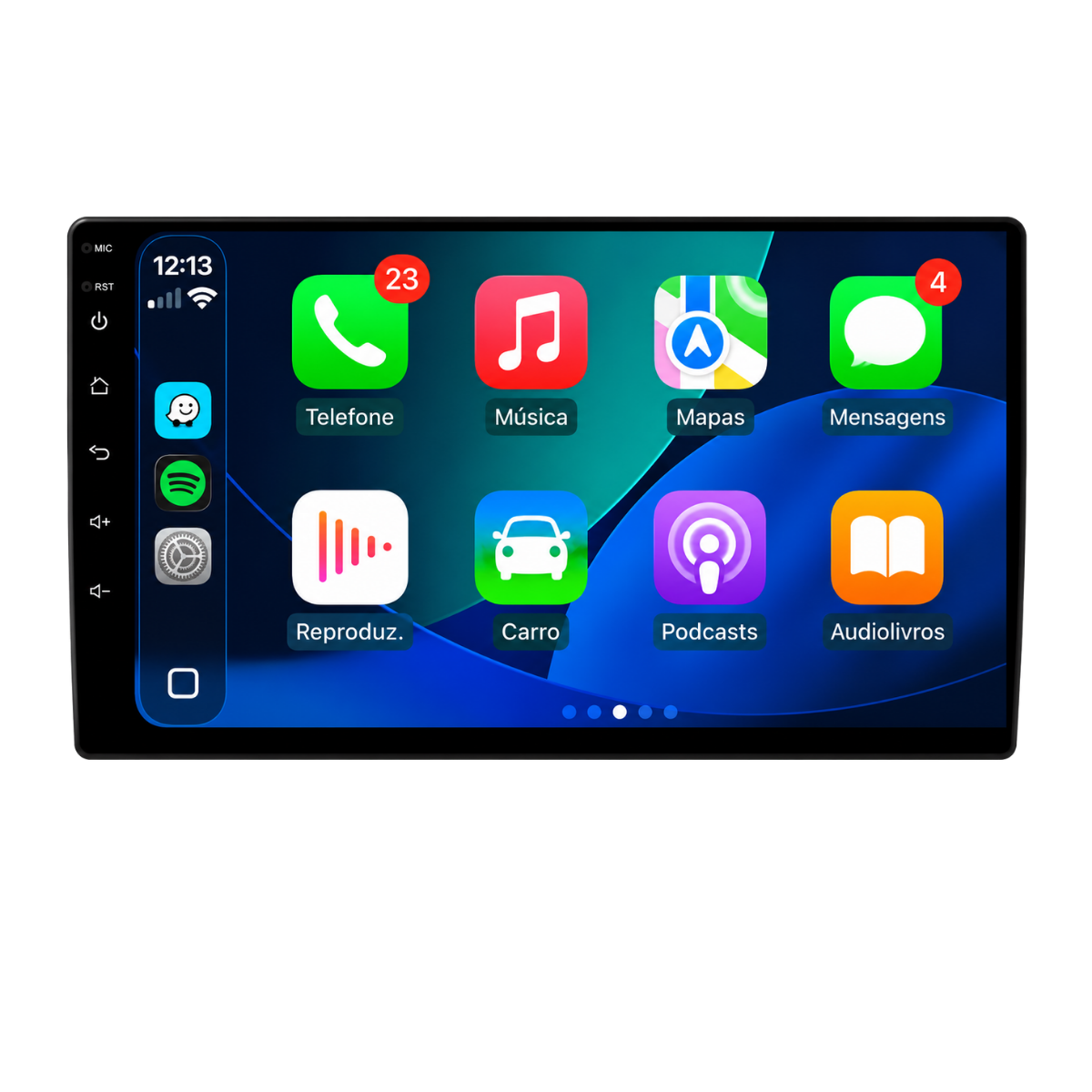 Central multimídia automotiva de 9 polegadas com Apple CarPlay ativo na tela IPS, mostrando telefone, música, mapas e mensagens