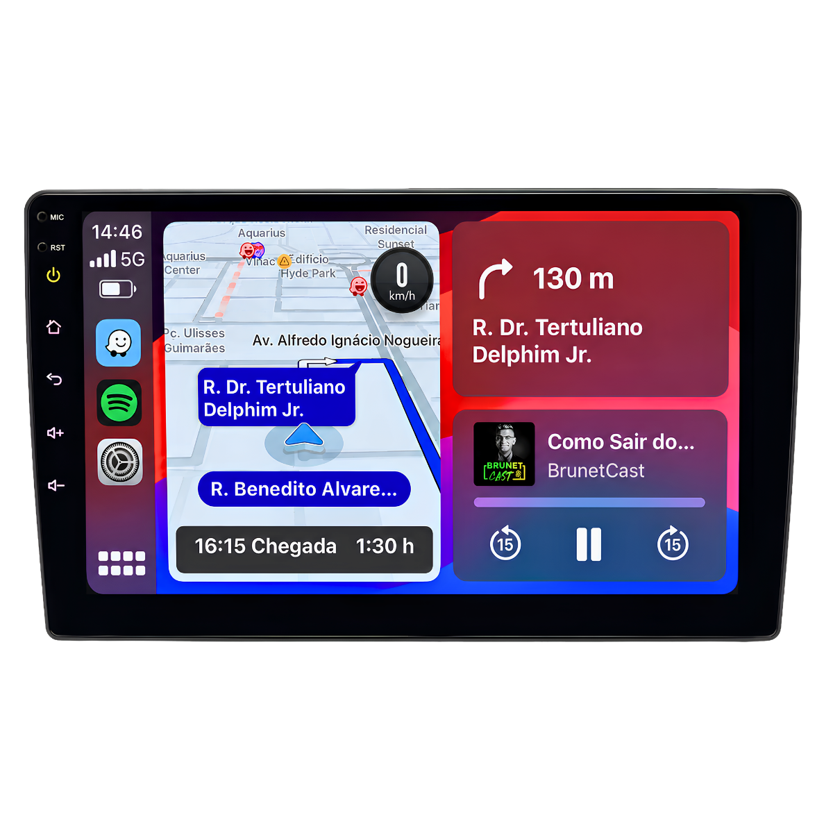Central multimídia Android de 9 polegadas com 4GB de RAM exibindo navegação GPS e player de áudio simultaneamente na tela