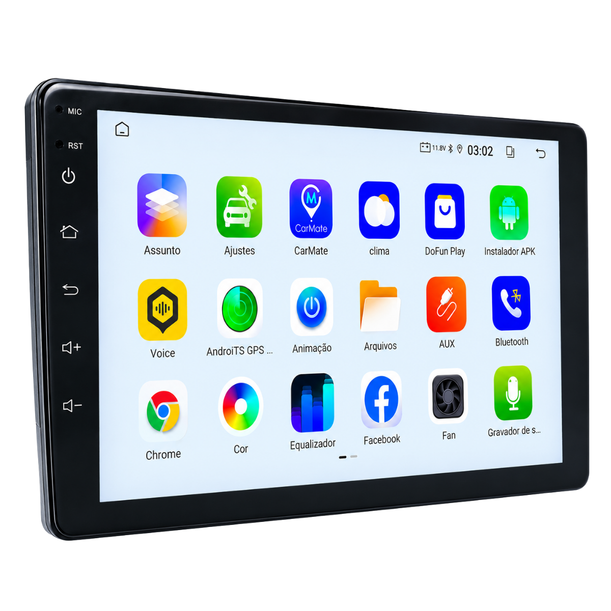 Central multimídia Android de 9 polegadas com 2GB de RAM e 32GB mostrando a gaveta de aplicativos em tela IPS de alta resolução